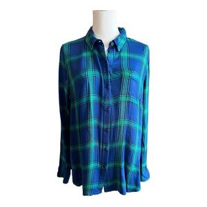 Lucky Brand Blue Green Plaid Button Side‎ Shirt Women’s M